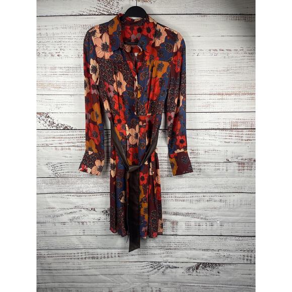 Elie Tahari Dress Women's Medium Multicolor Floral Shirt Style Belted - Picture 4 of 16